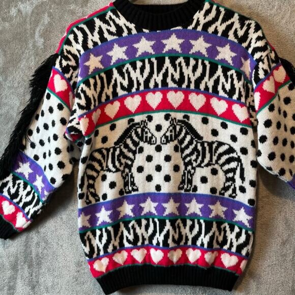 Vintage 80s Novelty Zebra Sweater Animal Print‎ Stars & Hearts Fringe Sleeves XS - Picture 2 of 6